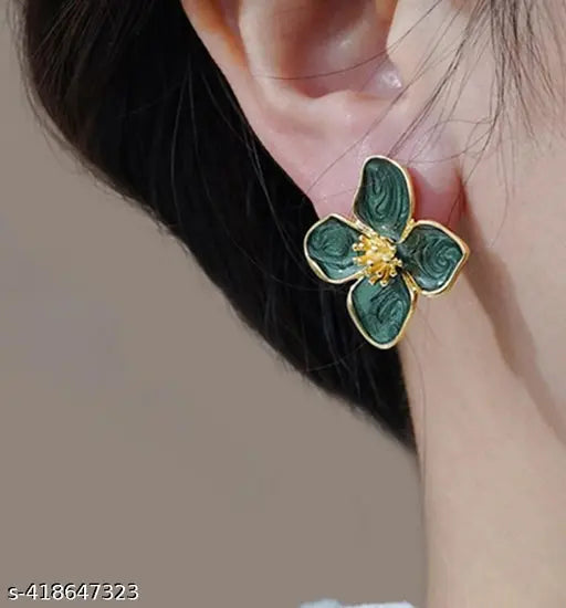 Korean flower shape green colour earrings