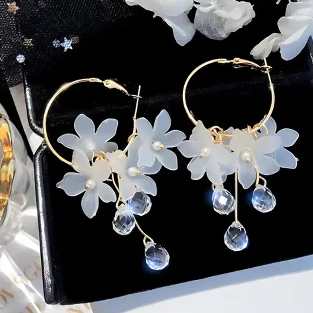 Korean Flower Drop Hoop Earrings