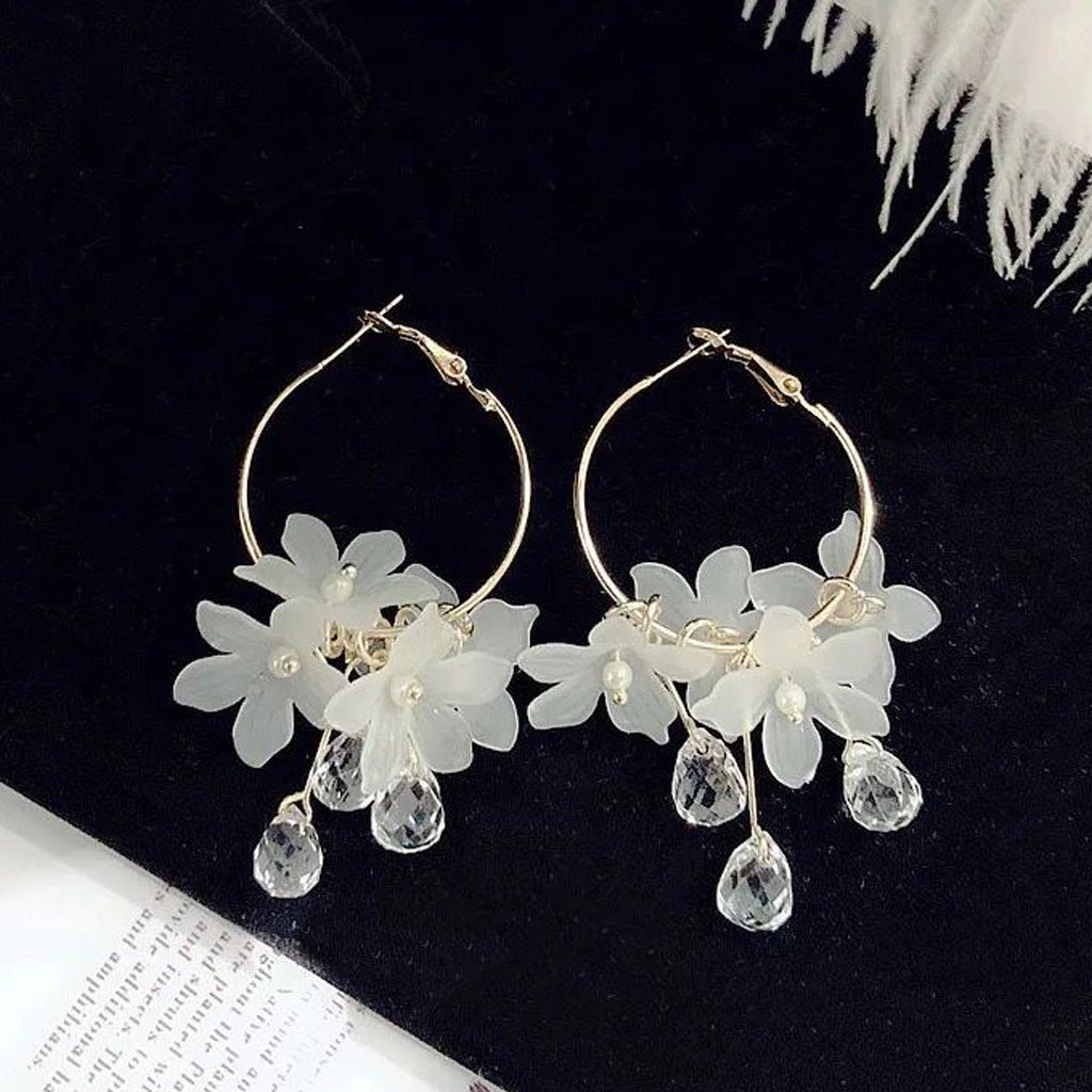Korean Flower Drop Hoop Earrings