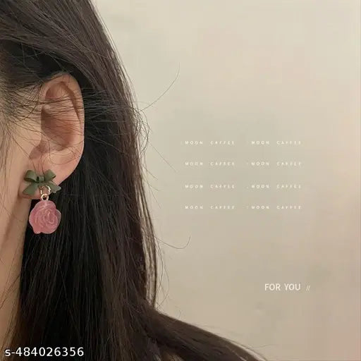 Acrylic Oink Rose Flower & Bow Earrings