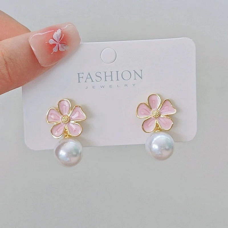 Pink Flower Pearl Drop Elegant Earrings