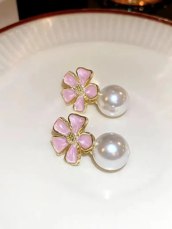 Pink Flower Pearl Drop Elegant Earrings