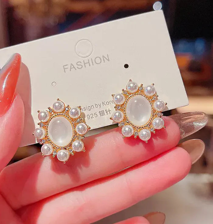 Opal Pearl Circle Stud Earrings