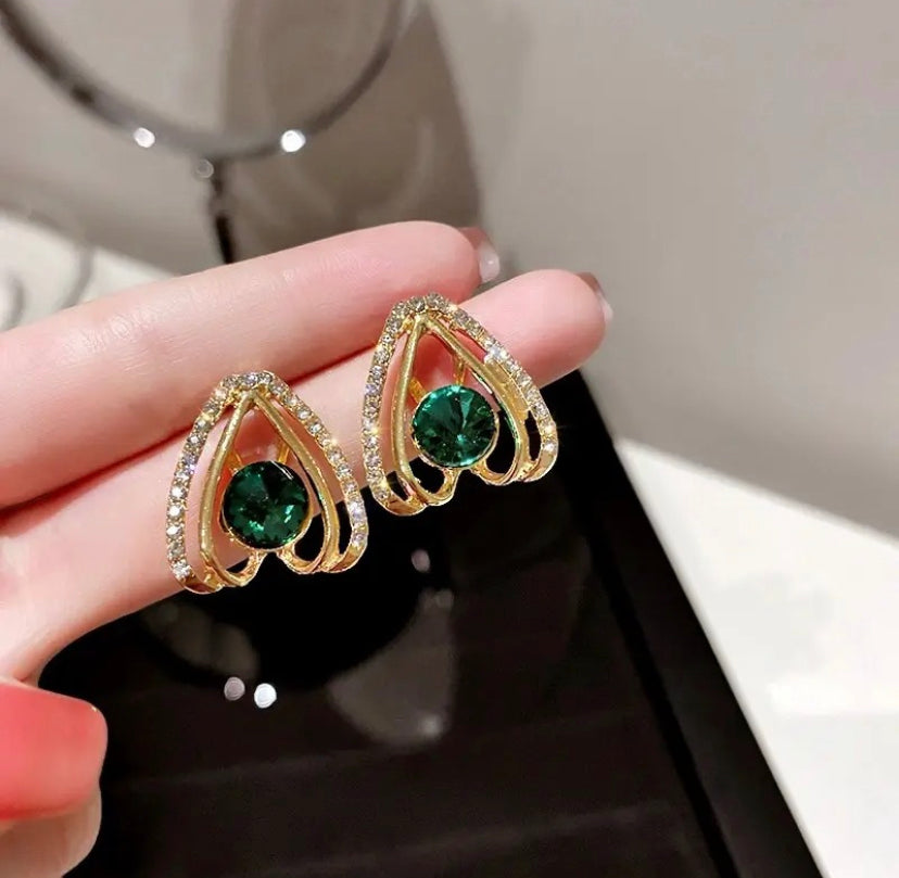 Green Stone Hollow Triangle Geometric Stud Earrings