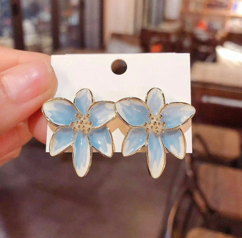 Enamel Drip Glazed Blue Flower Stud Earrings