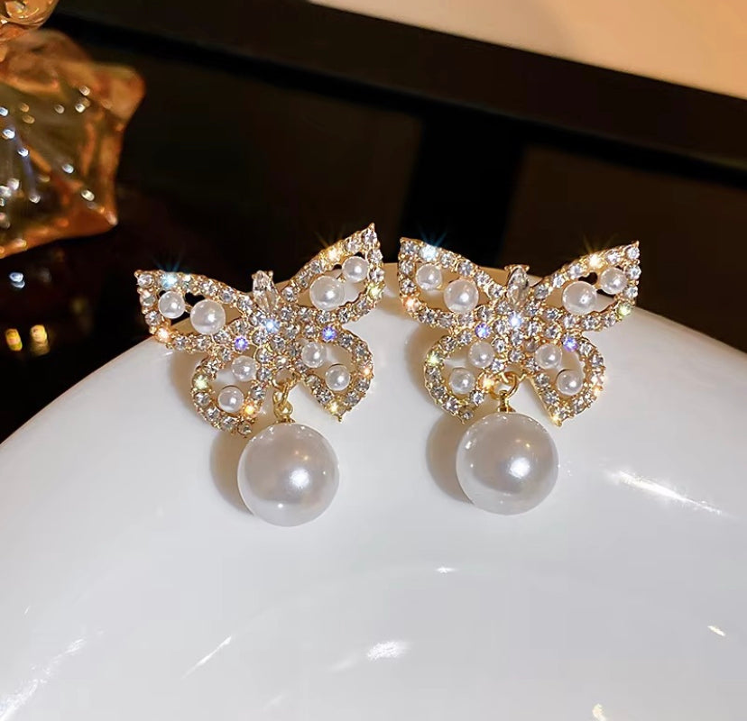Stone & Pearl Butterfly Stud Earrings