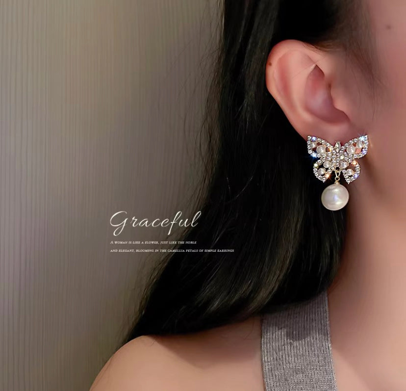 Stone & Pearl Butterfly Stud Earrings
