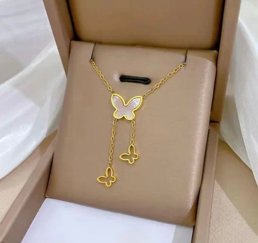 Opal Butterfly Long Chain Tassel Necklace