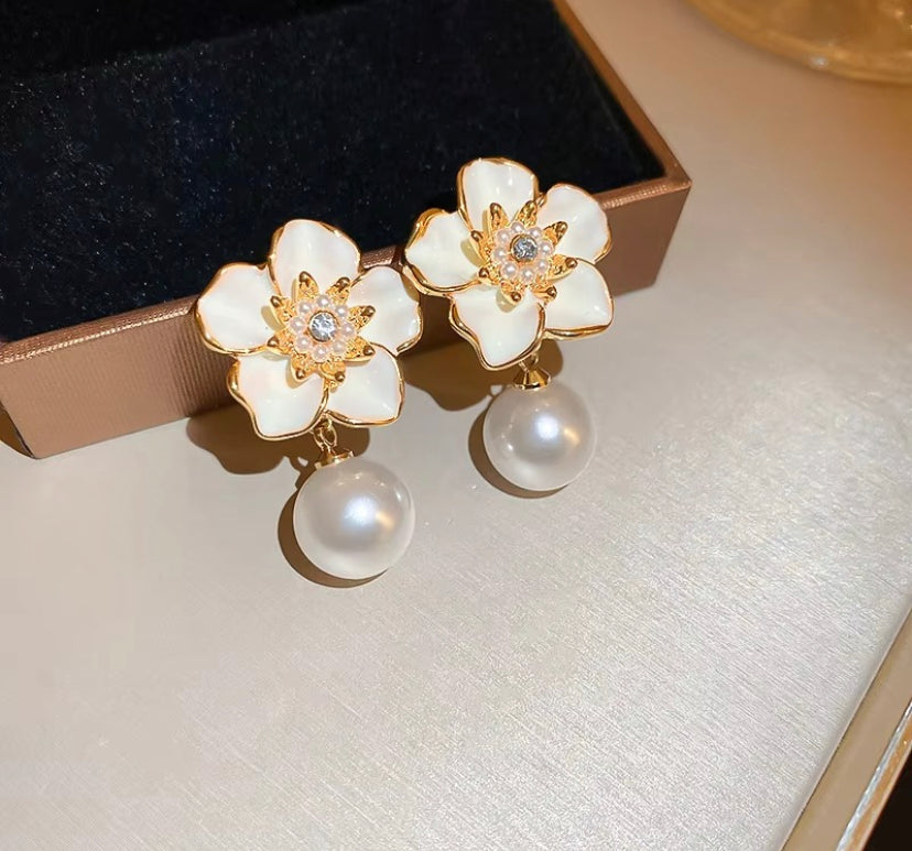 Floral Enamel Pearl Drop Earrings
