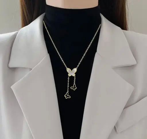 Opal Butterfly Long Chain Tassel Necklace