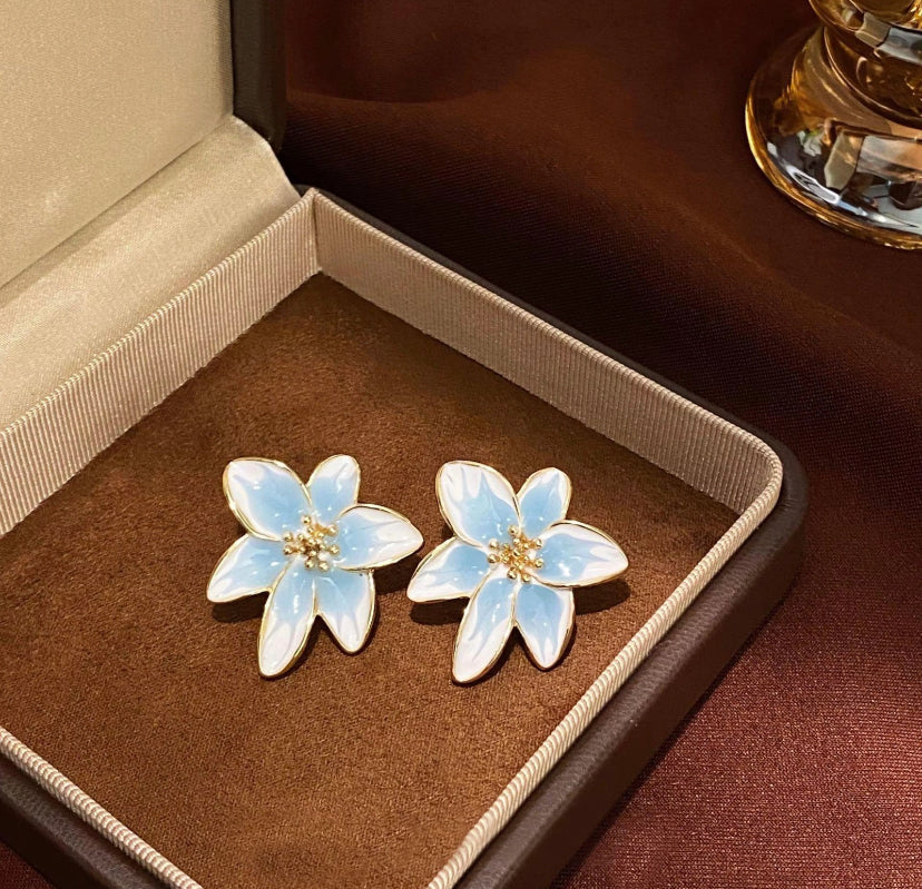 Enamel Drip Glazed Blue Flower Stud Earrings