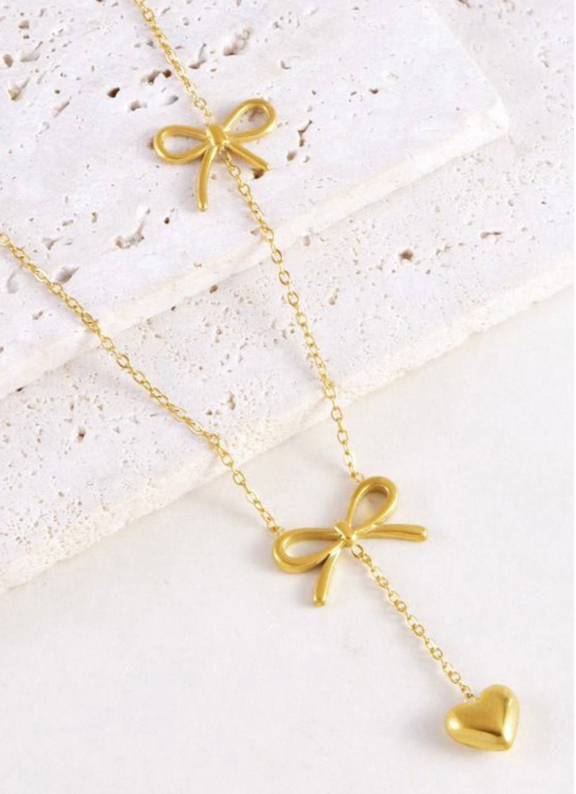 Heart Drop Two Bow Charm Pendant Necklace