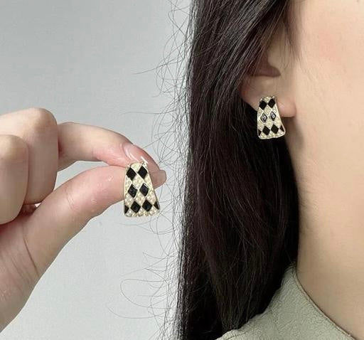 Geometric Black & White Checkered Stud Earrings