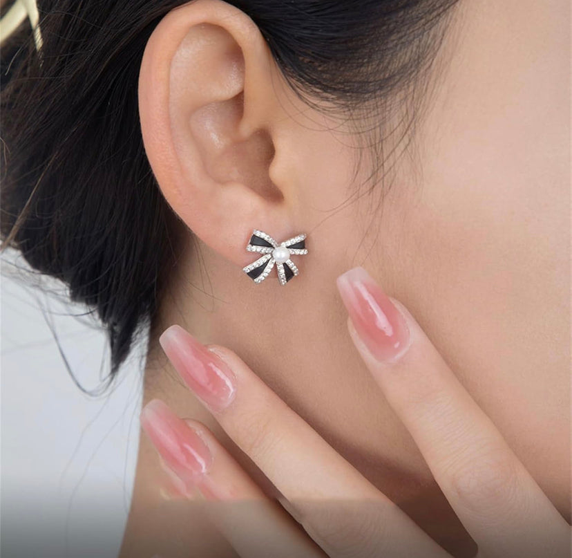 Black Bow & Pearl Stud Earrings