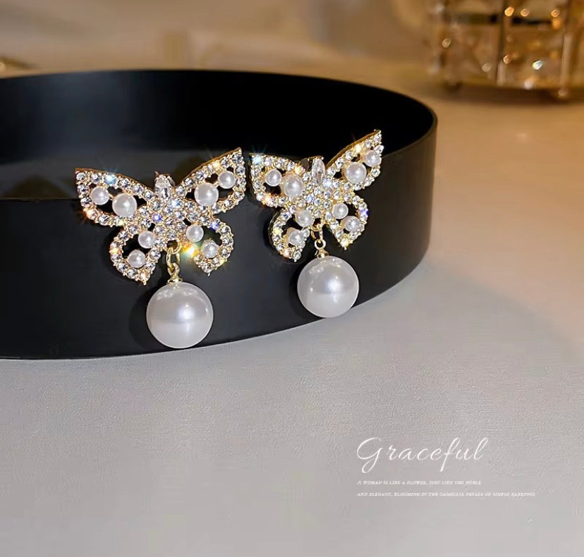 Stone & Pearl Butterfly Stud Earrings