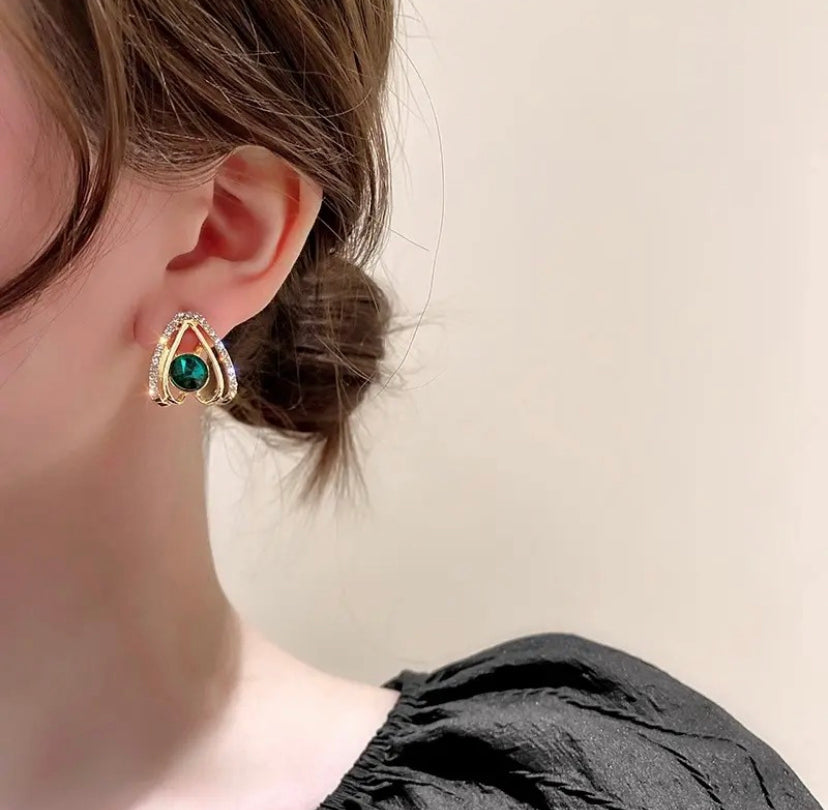 Green Stone Hollow Triangle Geometric Stud Earrings