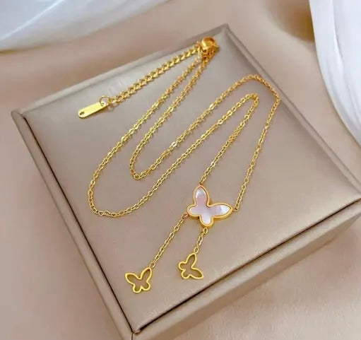 Opal Butterfly Long Chain Tassel Necklace