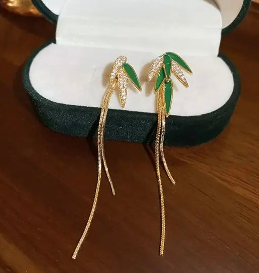 Grean Leaf Bamboo Tassel Long Earrings