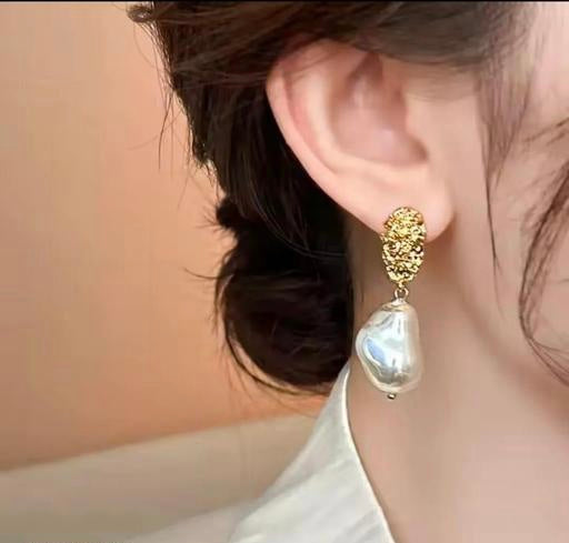 Asymmetric Pearl Drop Gold Foil Earrings