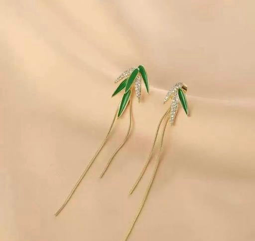Grean Leaf Bamboo Tassel Long Earrings