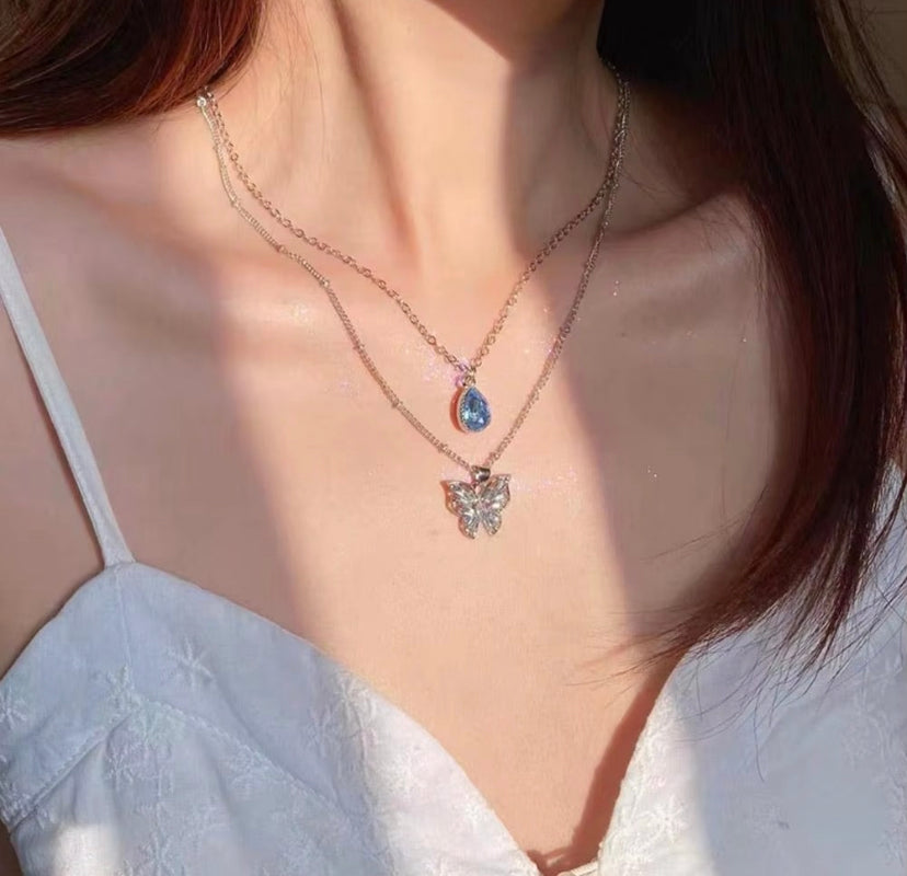 Dual Layer Butterfly & Blue Stone Necklace