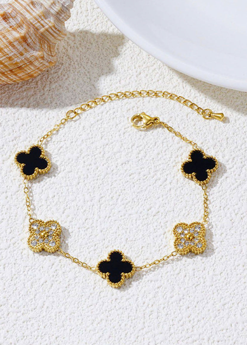 Black Four Leaf Clover Flowers Stone Bracelet