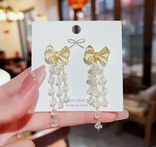 Bow & Crystals Long Chain Earrings