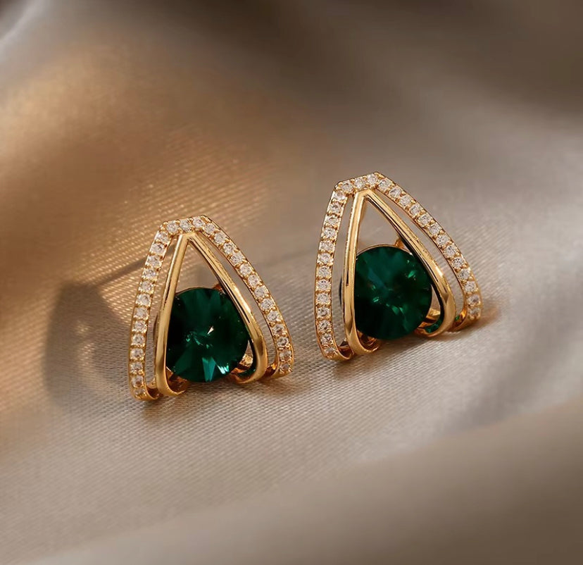 Green Stone Hollow Triangle Geometric Stud Earrings