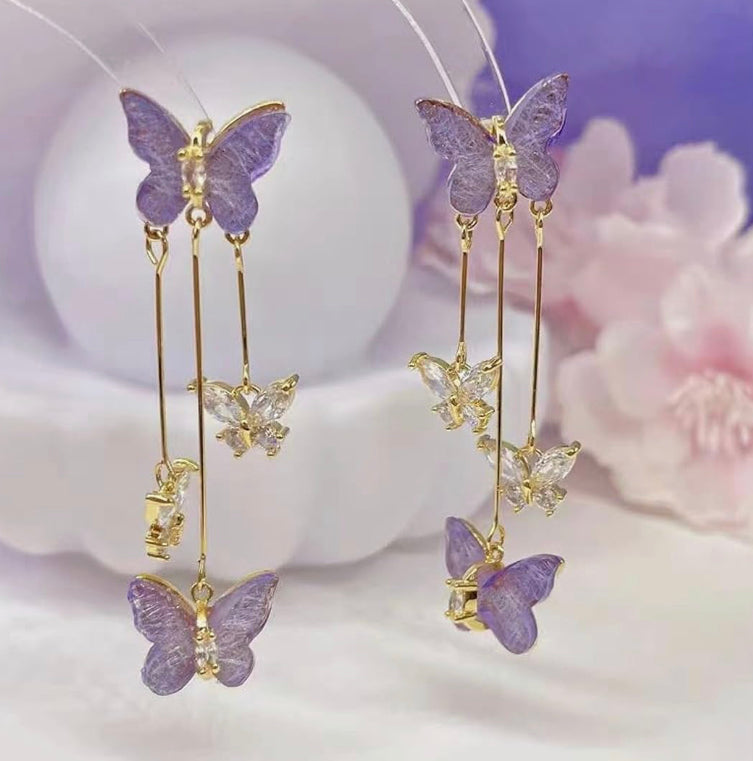 Lavender Butterfly Hanging Long Earrings