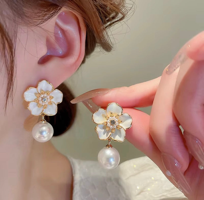 Floral Enamel Pearl Drop Earrings