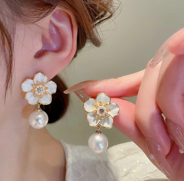 Floral Enamel Pearl Drop Earrings