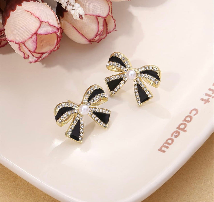 Black Bow & Pearl Stud Earrings