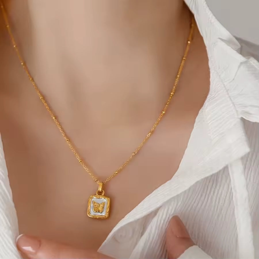 Butterfly Studded In Shell Square Necklace