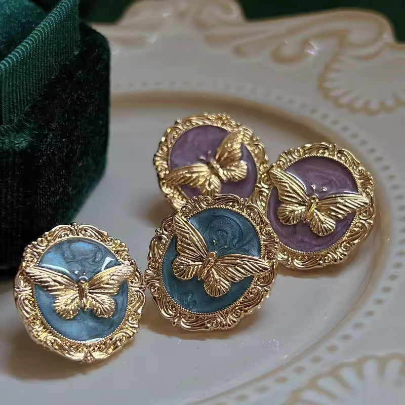 Vintage Retro Gold Butterfly Enamel Stud Earrings