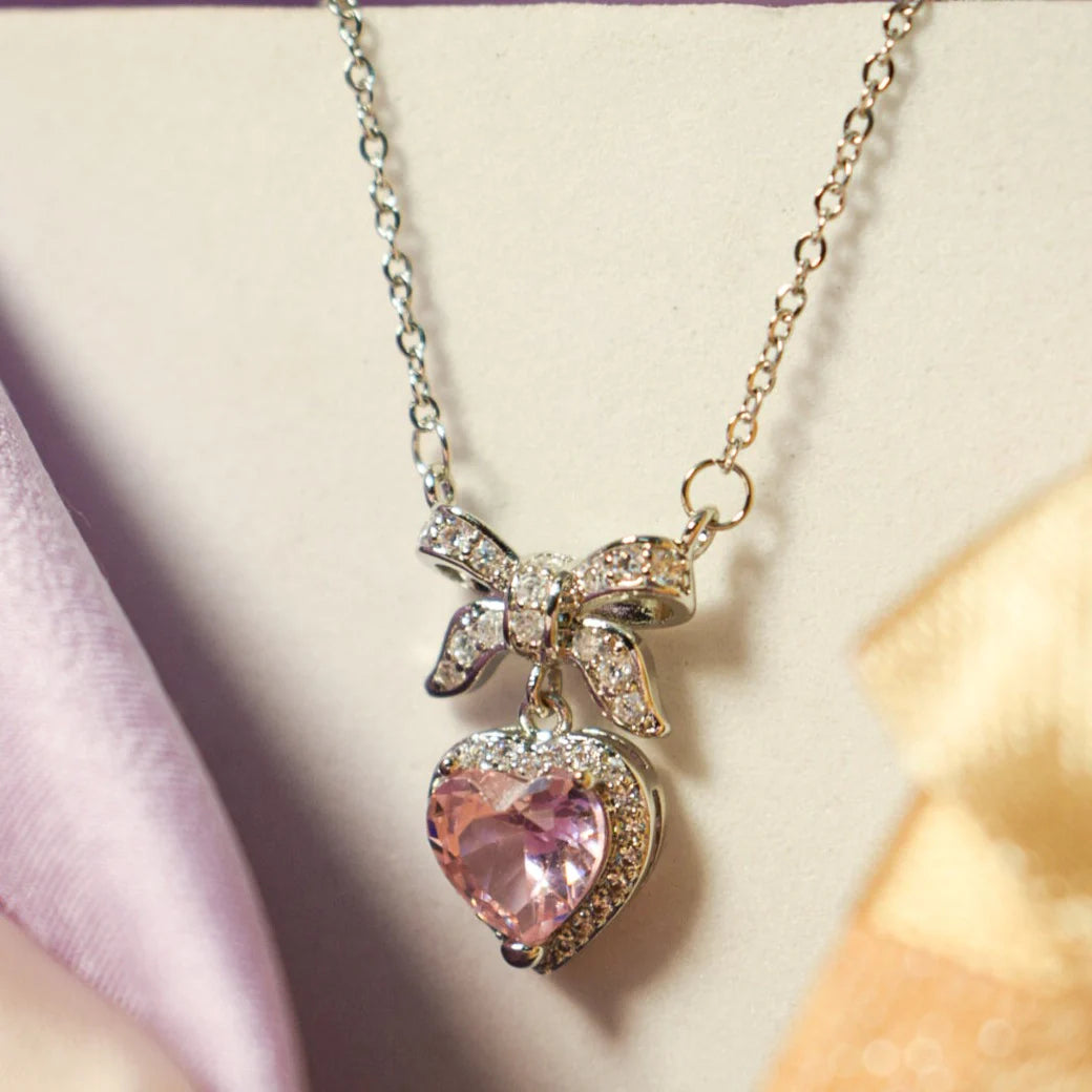 Korean Pink Heart Bow Tie Pendant Necklace
