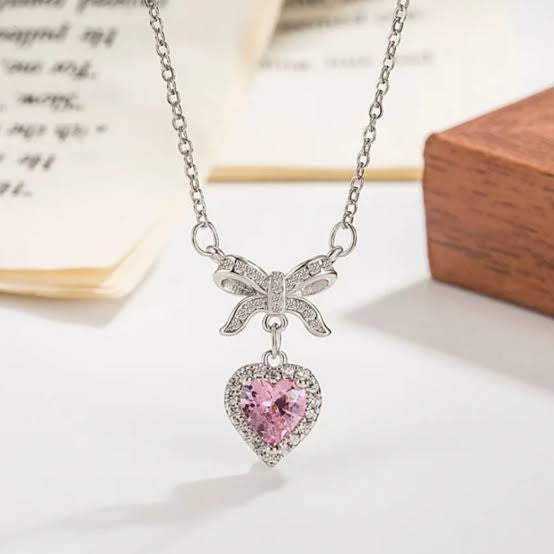 Korean Pink Heart Bow Tie Pendant Necklace