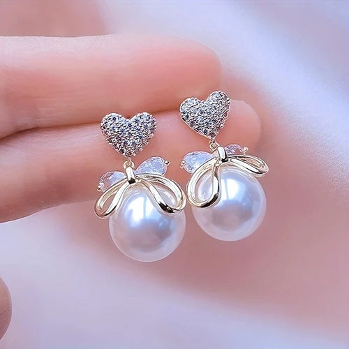 Korean Heart Bow & Pearl Drop Earrings