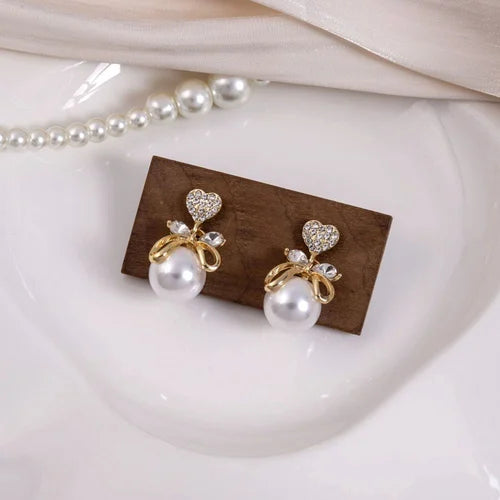 Korean Heart Bow & Pearl Drop Earrings