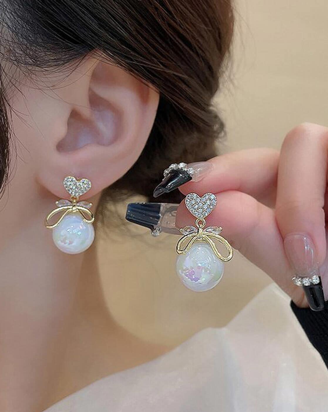 Korean Heart Bow & Pearl Drop Earrings