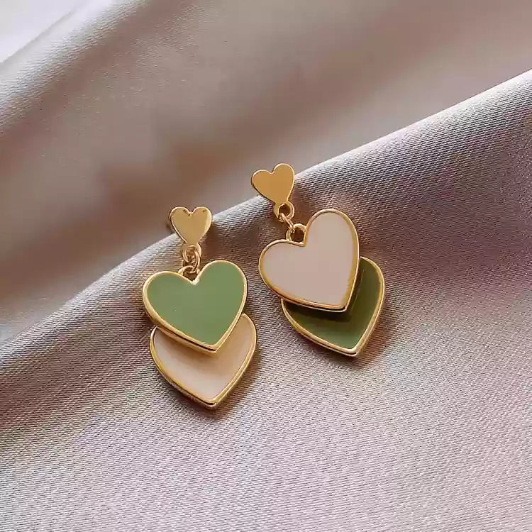 Green & White Double Heart Dangle Earrings