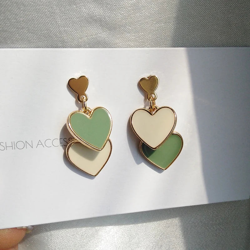 Green & White Double Heart Dangle Earrings