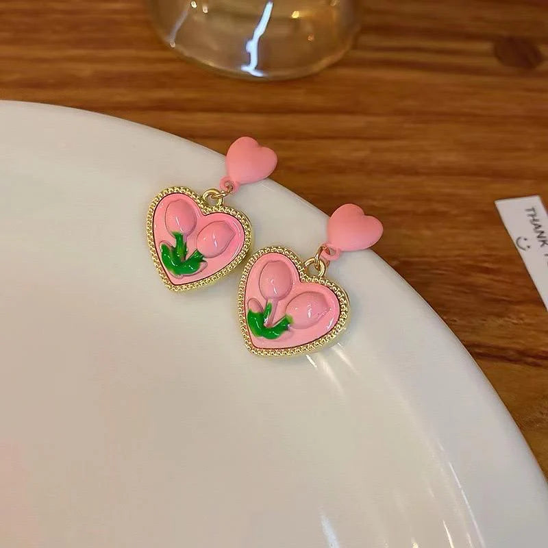 Pink Tulip Flower Heart Earrings