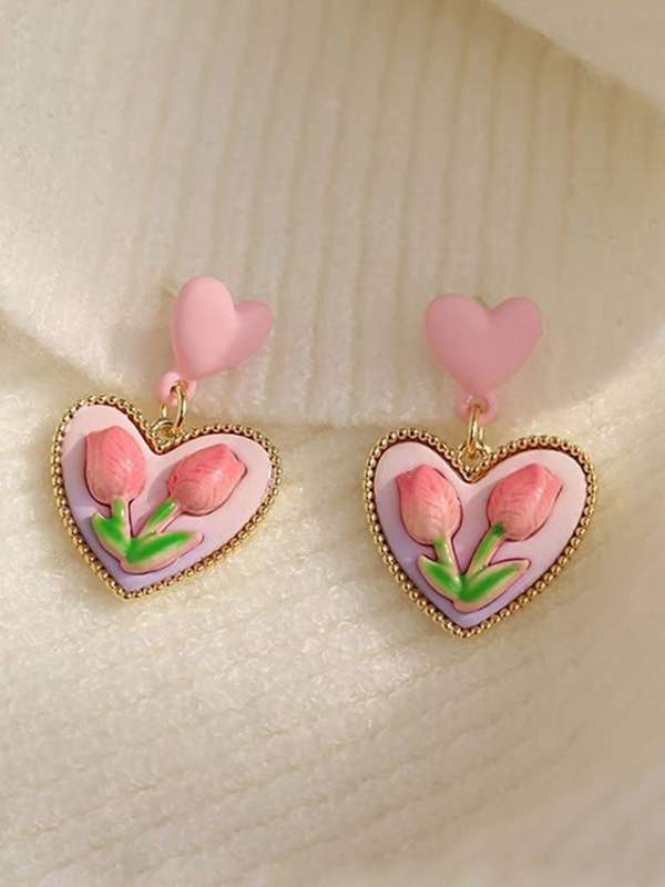 Pink Tulip Flower Heart Earrings