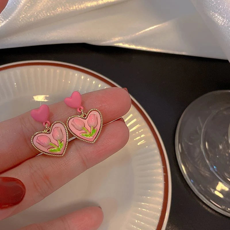 Pink Tulip Flower Heart Earrings