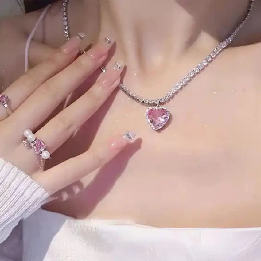 Pink Heart Stone Choker Necklace