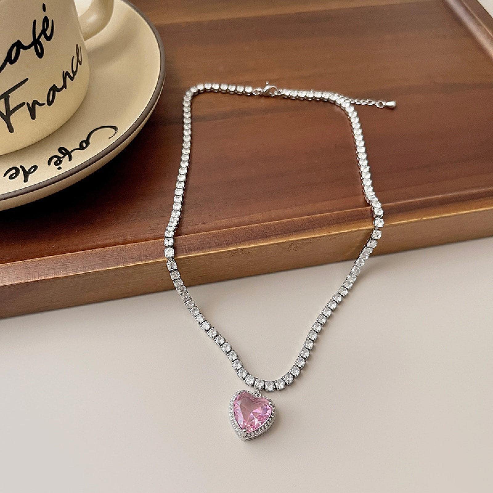 Pink Heart Stone Choker Necklace