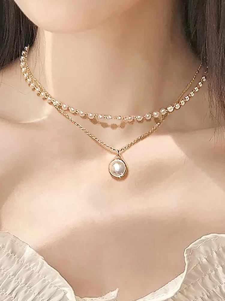 Pearl Drop Double Layer Pearl Chain Necklace