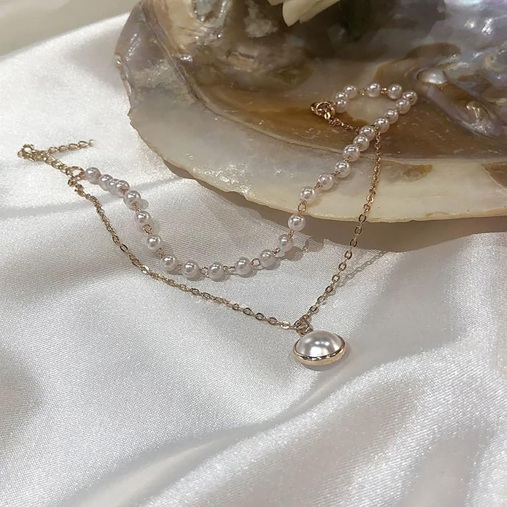 Pearl Drop Double Layer Pearl Chain Necklace