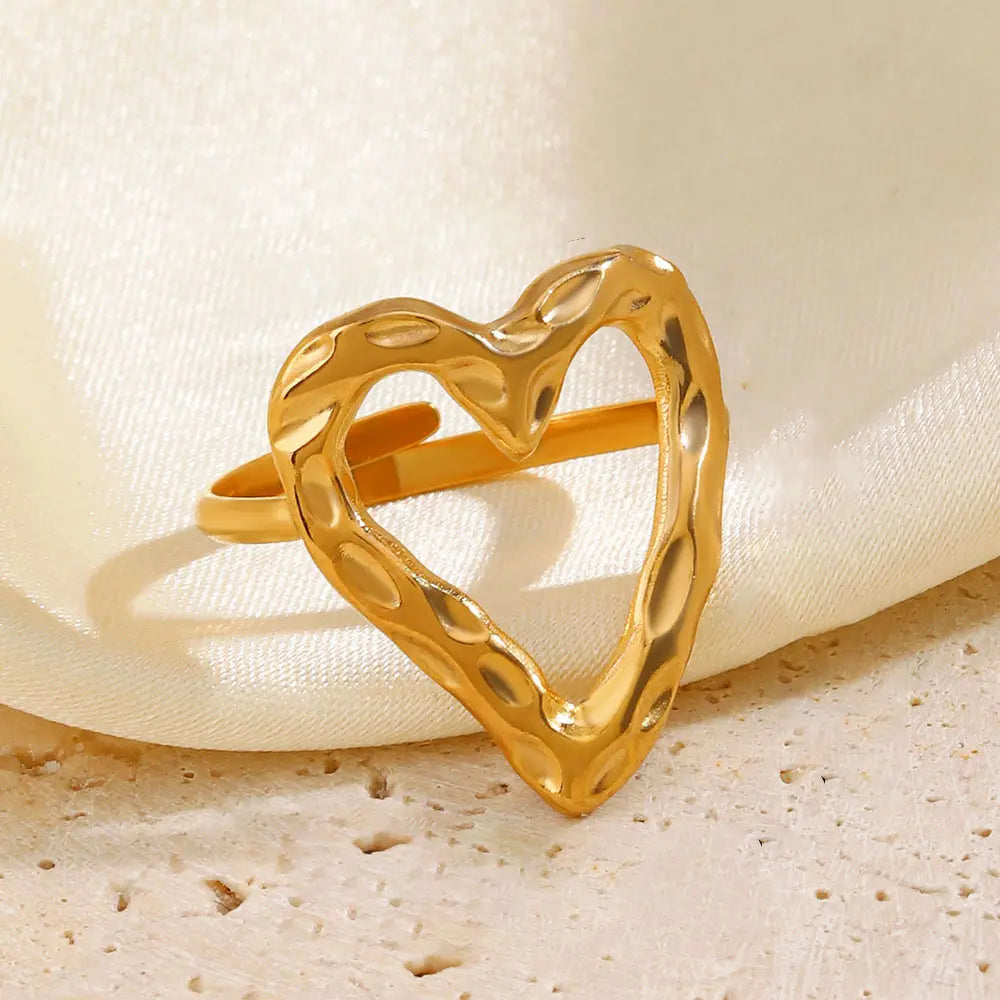 Anti Tarnish Chunky Hollow Out Heart Adjustable Ring