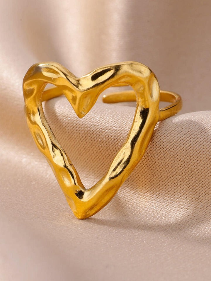 Anti Tarnish Chunky Hollow Out Heart Adjustable Ring